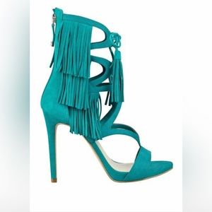 Guess Gwabria teal fringe tassel tie strappy sandals